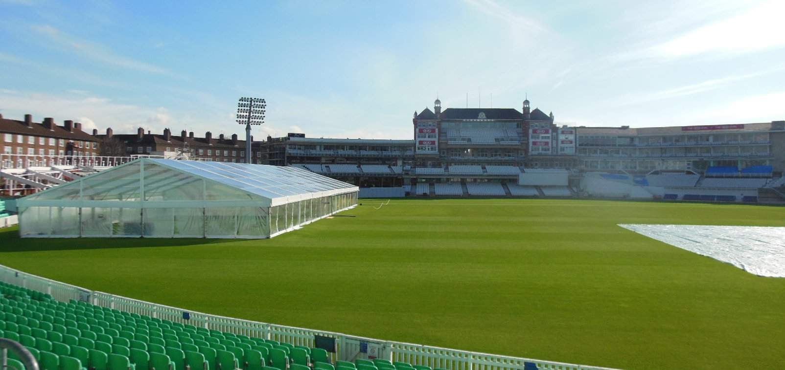 Large clearspan marquee with clear roof and walls for the players winter training on the pitch at The Kia Oval