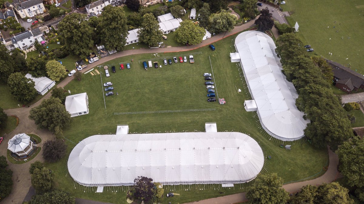Birds eye view of two traditional tents at the Taunton Flower Show 2024. 